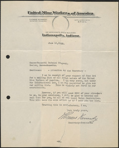 Thomas Kennedy (United Mine Workers of America) typed letter signed to Sacco-Vanzetti Defense Committee, Indianapolis, Ind., June 10, 1925