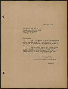 Sacco-Vanzetti Defense Committee typed letter (copy) to Emma Henry (Socialist Party of Indiana), Boston, Mass., June 22, 1925