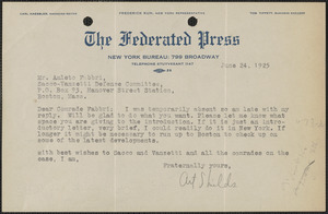 Art Shields (The Federated Press) typed note signed to Amleto Fabbri, New York, New York, June 24, 1925