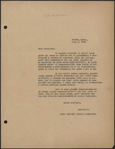 Amleto Fabbri (Sacco-Vanzetti Defense Committee) typed letter (copy), in Italian, to [Matteo?] Calzanera, Boston, Mass., July 2, 1925