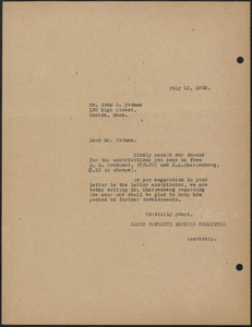 Sacco-Vanzetti Defense Committee typed note (copy) to John S. Codman, Boston, Mass., July 15, 1925