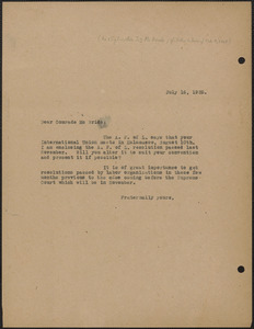 Sacco-Vanzetti Defense Committee typed note (copy) to Sylvester J. McBride, Boston, Mass., July 16, 1925