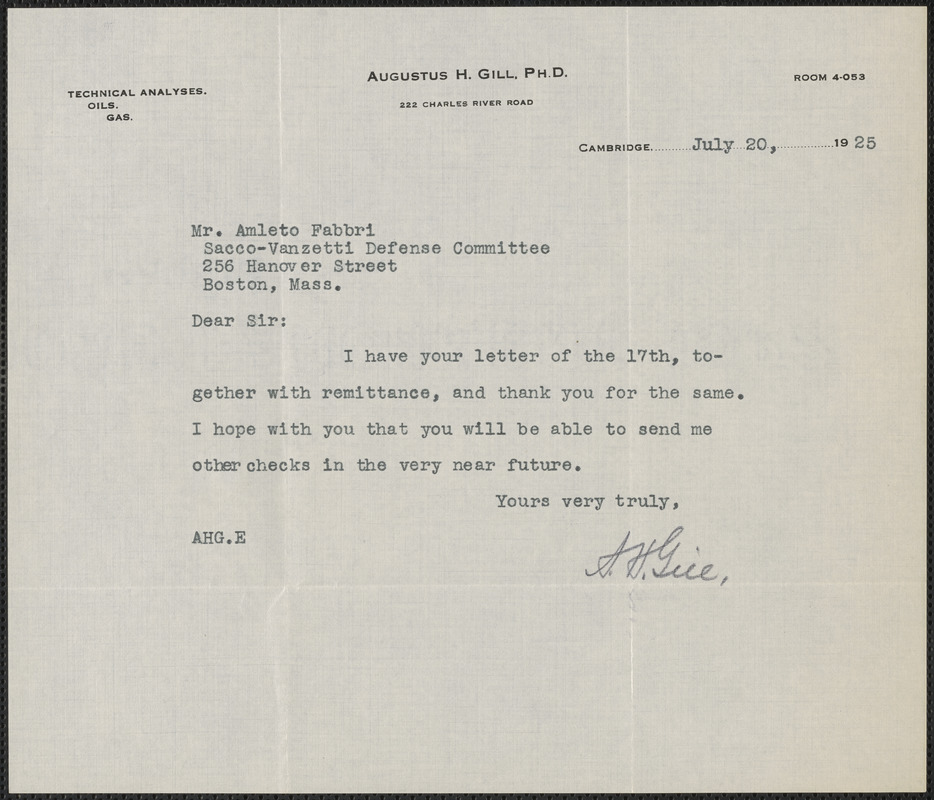 Augustus H. Gill typed note signed to Amleto Fabbri, Boston, Mass., July 20, 1925