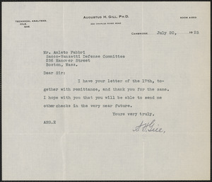 Augustus H. Gill typed note signed to Amleto Fabbri, Boston, Mass., July 20, 1925