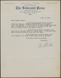 Art Shields (The Federated Press) typed letter signed to Amleto Fabbri, New York, N.Y, July 18, 1925