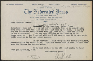Art Shields (The Federated Press) typed letter signed to Amleto Fabbri, New York, N.Y., [July 26?, 1925]