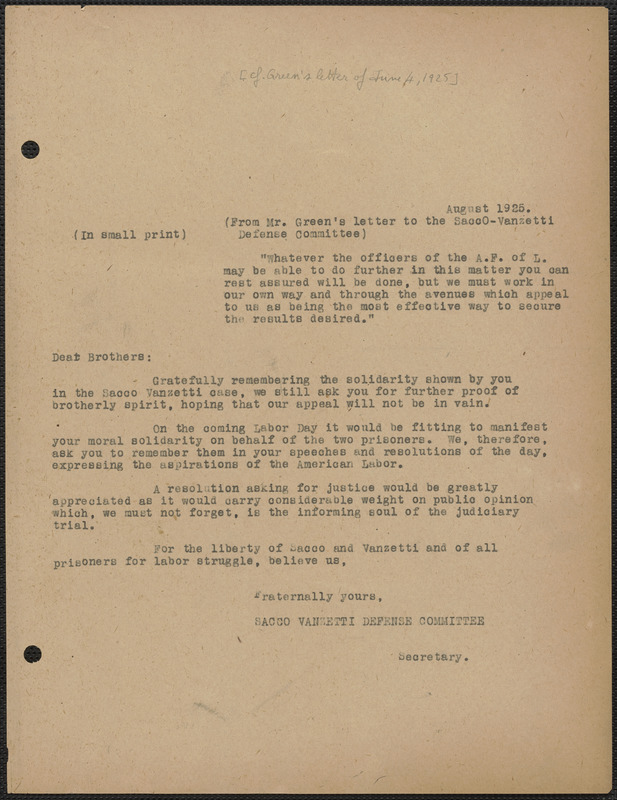 Sacco-Vanzetti Defense Committee typed letter (draft) to the American ...