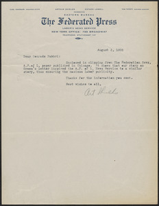 Art Shields (The Federated Press) typed note signed to Amleto Fabbri, New York, N.Y., August 3, 1925