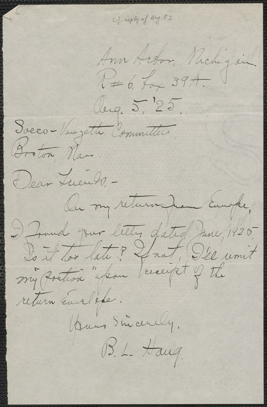 B. L. Haug autograph note signed to Sacco-Vanzetti Defense Committee, Ann Arbor, Mich., August 5, 1927