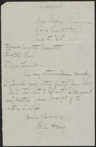 B. L. Haug autograph note signed to Sacco-Vanzetti Defense Committee, Ann Arbor, Mich., August 5, 1927