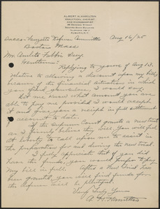 Albert H. Hamilton autograph letter signed to mleto Fabbri (Sacco-Vanzetti Defense Committee), Auburn, N.Y., August 16, 1925