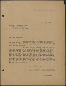 Amleto Fabbri (Sacco-Vanzetti Defense Committee) typed letter (copy) to Albert H. Hamilton, Boston, Mass., August 20, 1925