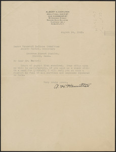 Albert H. Hamilton typed note signed to Amleto Fabbri (Sacco-Vanzetti Defense Committee), Auburn, N.Y., August 24, 1925