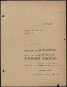 Amleto Fabbri (Sacco-Vanzetti Defense Committee) typed letter (copy) to Albert H. Hamilton, Boston Mass., August 26, 1925