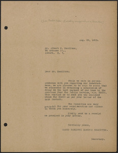 Amleto Fabbri (Sacco-Vanzetti Defense Committee) typed letter (copy) to Albert H. Hamilton, Boston, Mass., August 28, 1925