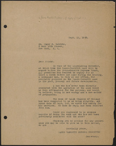 Amleto Fabbri (Sacco-Vanzetti Defense Committee) typed letter (copy) to Roger N. Baldwin, Boston, Mass., September 11, 1925