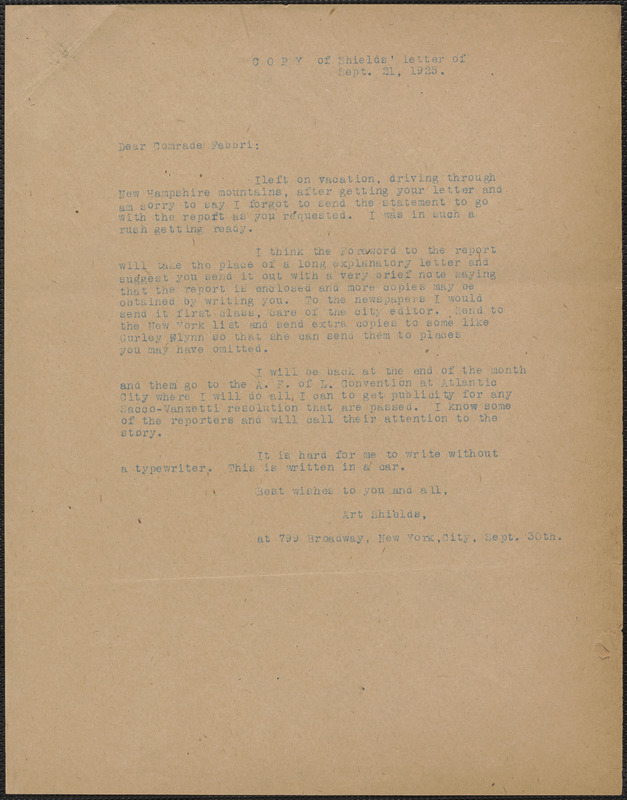 Art Shields typed letter signed to Amleto Fabbri, New York, N.Y., September 21, 1925