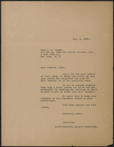 Sacco-Vanzetti Defense Committee typed letter (copy) to Elizabeth Gurley Flynn (The American Fund For Public Service, Inc.), Boston, Mass., October 1, 1925