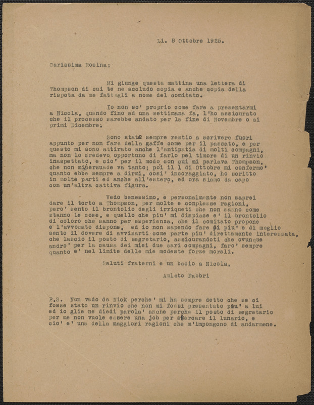 Amleto Fabbri typed letter (copy), in Italian, to Rosina [Rose Sacco], Boston, Mass., October 8, 1925