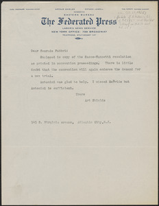 Art Shields (The Federated Press) typed letter signed to Amleto Fabbri, Atlantic City, N.J., October 15, 1925