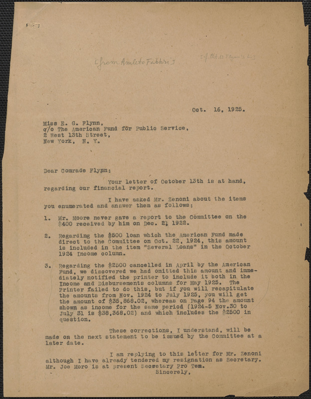 Amleto Fabbri typed letter (copy) to Elizabeth Gurley Flynn (The American Fund For Public Service, Inc.), Boston, Mass., October 16, 1925