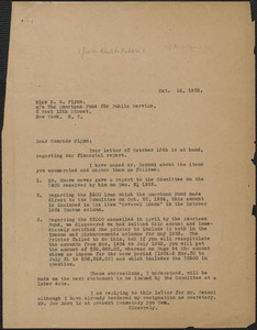 Amleto Fabbri typed letter (copy) to Elizabeth Gurley Flynn (The American Fund For Public Service, Inc.), Boston, Mass., October 16, 1925