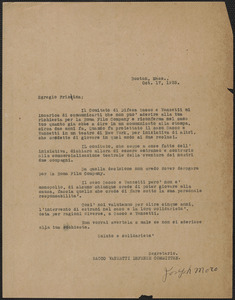 Joseph Moro (Sacco-Vanzetti Defense Committee) typed letter signed, in Italian, to Leonardo Frisina (International Advertising Exchange), Boston, Mass., October 17, 1925