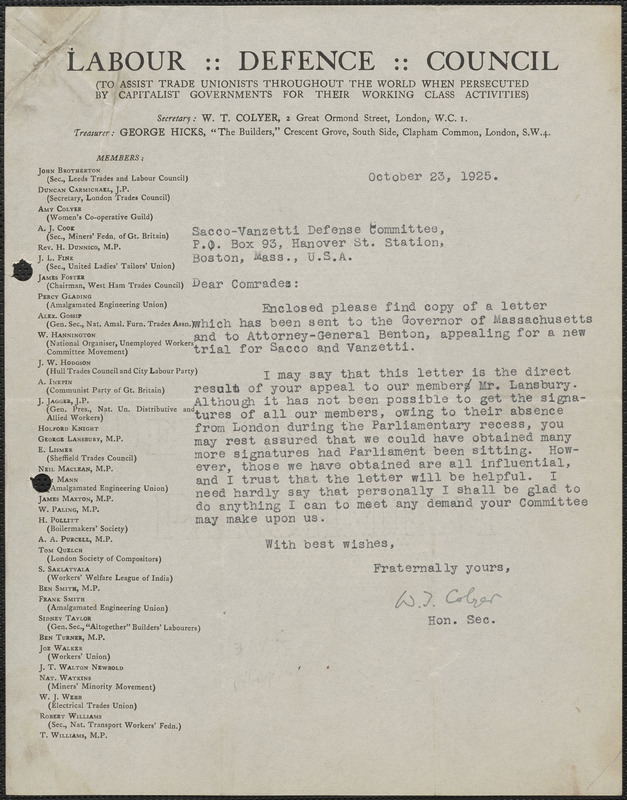 W. T. Colyer typed letter signed. to Sacco-Vanzetti Defense Committee, London, Eng., October 23, 1925