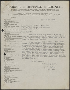 W. T. Colyer typed letter signed. to Sacco-Vanzetti Defense Committee, London, Eng., October 23, 1925
