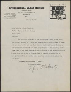 T. J. O'Flaherty typed letter signed to Sacco-Vanzetti Defense Committee, Chicago, Ill., October 23, 1925