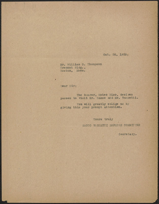 Sacco-Vanzetti Defense Committee typed note (copy) to William G. Thompson, Boston, Mass., October 26, 1925