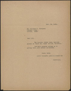 Sacco-Vanzetti Defense Committee typed note (copy) to William G. Thompson, Boston, Mass., October 26, 1925