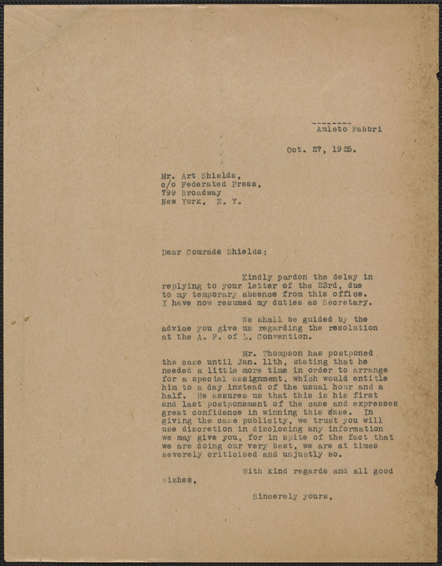 Amleto Fabbri typed letter (copy) to Art Shields (The Federated Press), Boston, Mass., October 27, 1925