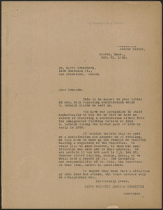 Amleto Fabbri (Sacco-Vanzetti Defense Committee) typed letter (copy) to Harry Greenberg (Retail Cleaners & Dyers Mutual Protective Association), Boston, Mass., October 31, 1925