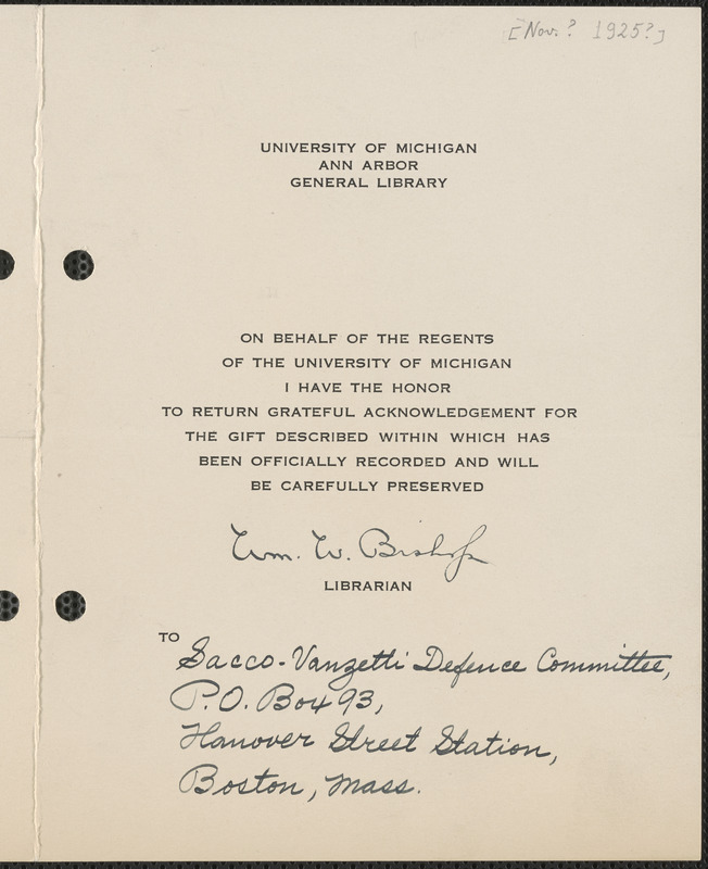 William Bishop (University of Michigan) printed card signed to Sacco-Vanzetti Defense Committee, Ann Arbor, Mich., [November? 1925]