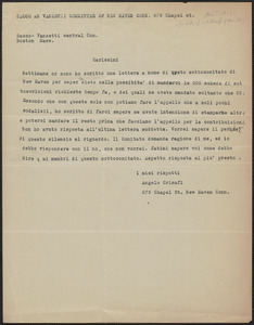 Angelo Crisafi (Sacco-Vanzetti Defense Committee of New Haven) typed letter, in Italian, to Sacco-Vanzetti Defense Committee, New Haven, Conn., [November? 1925]