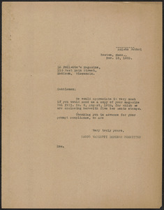 Amleto Fabbri (Sacco-Vanzetti Defense Committee) typed note (copy) to La Follette's Magazine, Boston, Mass., November 18, 1925