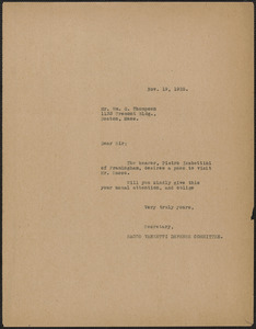 Sacco-Vanzetti Defense Committee typed letter (copy) to William G. Thompson, Boston, Mass., November 19, 1925