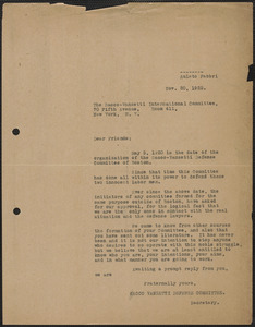 Amleto Fabbri (Sacco-Vanzetti Defense Committee) typed letter (copy) to Sacco-Vanzetti International Committee, Boston, Mass., November 20, 1925