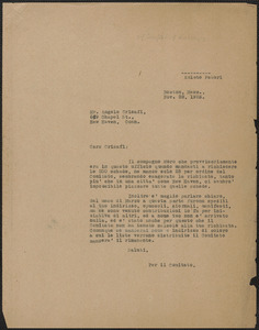 Amleto Fabbri (Sacco-Vanzetti Defense Committe) typed letter (copy), in Italian, to Angelo Crisafi, Boston, Mass., November 28, 1925
