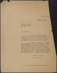 Amleto Fabbri (Sacco-Vanzetti Defense Committee) typed letter (copy), in Italian, to "Cultura Obrera", Boston, Mass., November 30, 1925