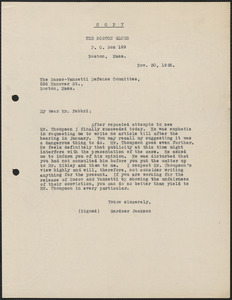 Gardner Jackson typed letter (copy) to Amleto Fabbri, Boston, Mass., November 30, 1925