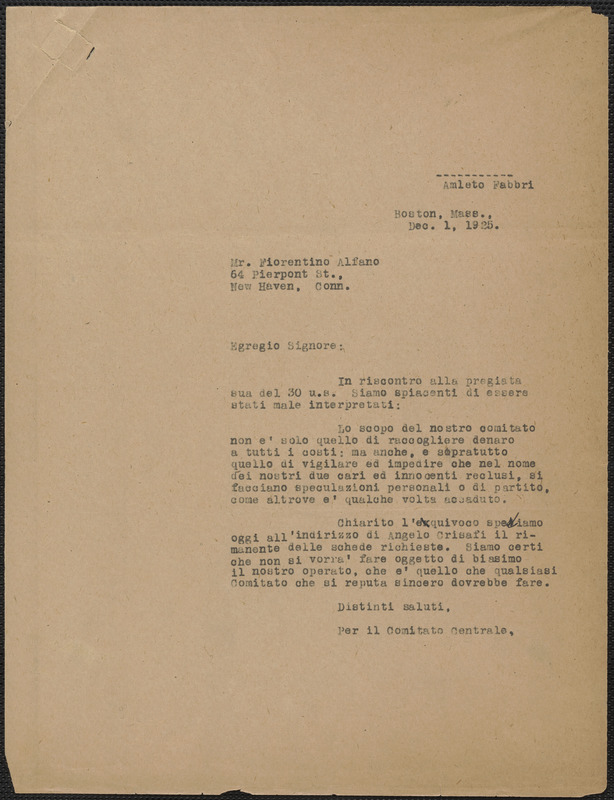 Amleto Fabbri (Sacco-Vanzetti Defense Committee) typed letter, in Italian, to Florentino Alfano, Boston, Mass., December 1, 1925