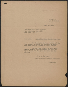 Amleto Fabbri (Sacco-Vanzetti Defense Committee) typed note (copy) to Rose Baron (International Labor Defense), Boston, Mass., December 8, 1925