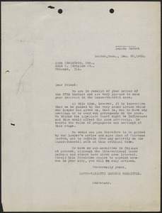 Amleto Fabbri (Sacco-Vanzetti Defense Committee) typed letter (copy) to Anna Edelstein, Boston, Mass., December 30, 1925