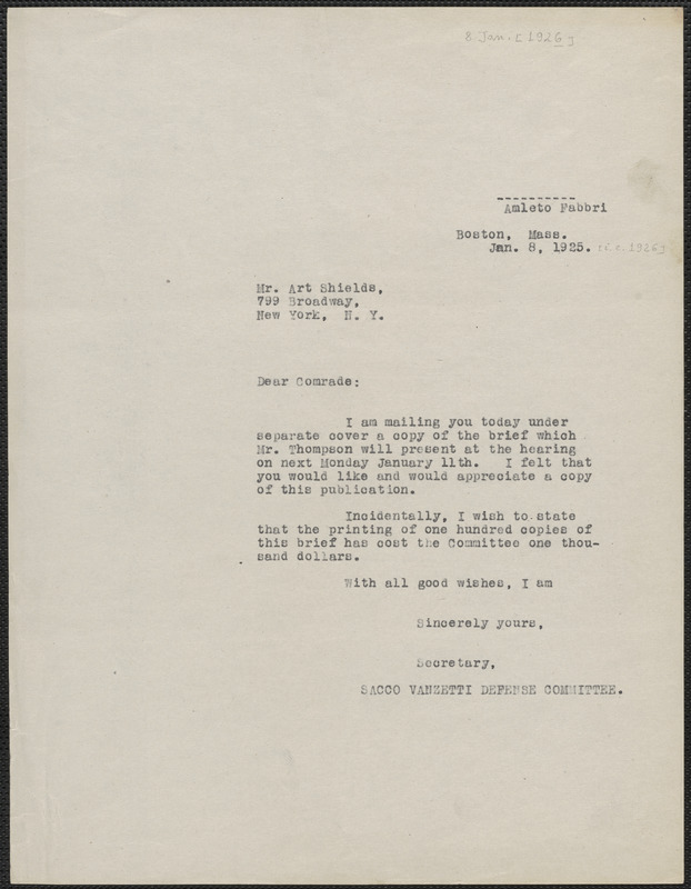 Amleto Fabbri (Sacco-Vanzetti Defense Committee) typed letter (circular) to Art Shields, Boston, Mass., January 8, 1926