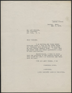 Amleto Fabbri (Sacco-Vanzetti Defense Committee) typed letter (circular) to Art Shields, Boston, Mass., January 8, 1926