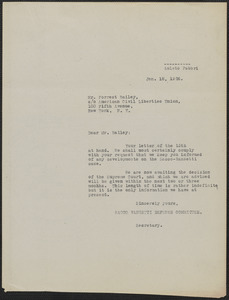 Amleto Fabbri (Sacco-Vanzetti Defense Committee) typed letter (copy) to Forest Bailey (American Civil Liberties Union), Boston, Mass., January 18, 1926
