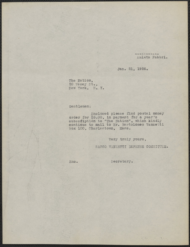 Amleto Fabbri (Sacco-Vanzetti Defense Committee) typed letter (copy) to The Nation, Boston, Mass., January 21, 1926