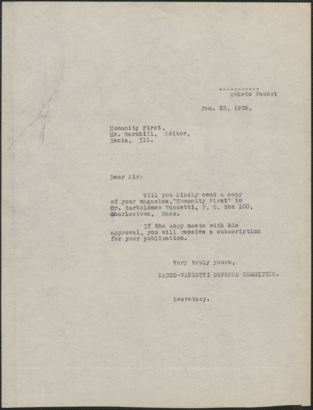 Amleto Fabbri (Sacco-Vanzetti Defense Committee) typed note (copy) to Humanity First, Boston, Mass., January 22, 1926